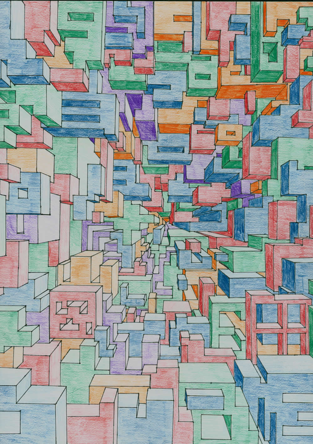 linear perspective- one point- project examples- multi color shapes and forms